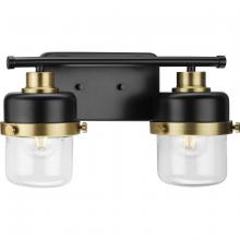 Progress Lighting P300423-31M - Beckner Collection Two-Light Matte Black Clear Glass Urban Industrial Bath Light with Vintage Brass