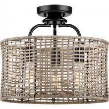 Progress Lighting P350183-031 - Lavelle Collection Three-Light Matte Black and Mocha finish Rattan Convertible Semi-Flush Ceiling or